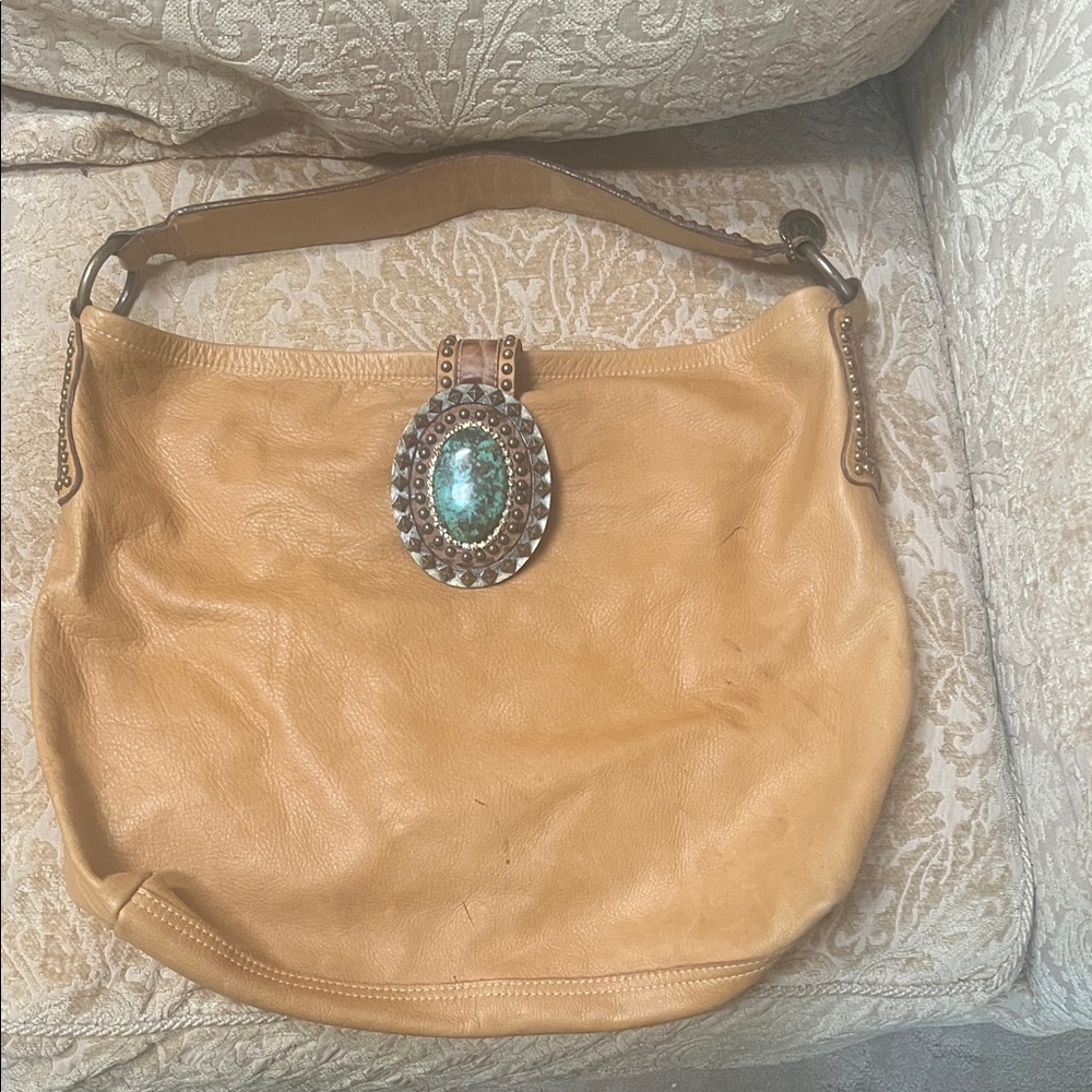 Elegant Tan Shoulder Bag with Turquoise Detail